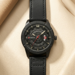 CURREN Stealth Ops – Matte Black Tactical Watch with Leather Strap - Image 2