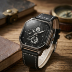TRSOYI Legacy Square Watch – Black Leather with Contrast Stitching - Image 4