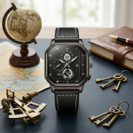 TRSOYI Legacy Square Watch – Black Leather with Contrast Stitching - Image 6