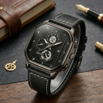 TRSOYI Legacy Square Watch – Black Leather with Contrast Stitching