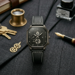 TRSOYI Legacy Square Watch – Black Leather with Contrast Stitching - Image 3