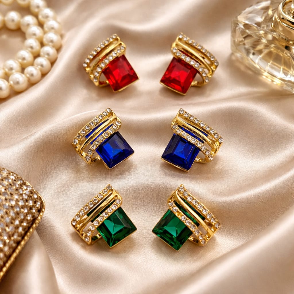 WhatsApp Image 2026-04-19 at 12.10.00 AM Spectrum Glamour Earrings – Bold Geometric Gemstone Studs in 4 Colors - Image 1